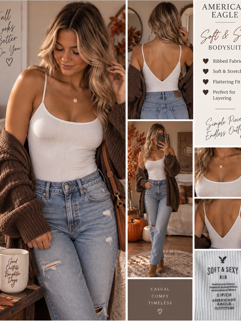 American Eagle Soft & Sexy White Ribbed Cami Bodysuit Size Small